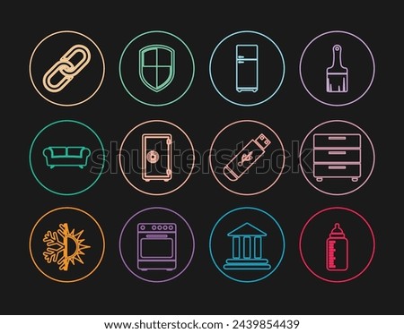 Set line Baby bottle, Furniture nightstand, Refrigerator, Safe, Sofa, Chain link, USB flash drive and Shield icon. Vector