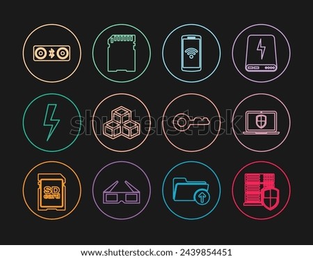 Set line Server with shield, Laptop, Smartphone wireless, Isometric cube, Lightning bolt, speakers, Key and SD card icon. Vector
