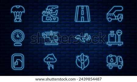 Set line Fuel tanker truck, Scale with suitcase, Airport runway, Helicopter, Clock, Parachute, UAV Drone and Plane crash icon. Vector