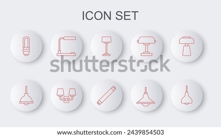 Set line Lamp hanging, Floor lamp, Chandelier, LED light bulb, Table, Wall sconce and Fluorescent icon. Vector