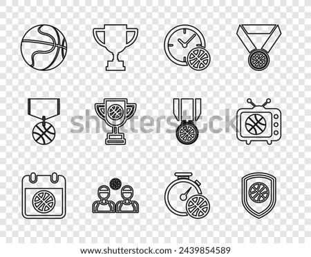 Set line Basketball on sport calendar, Shield in the basketball, Clock with, players, Award cup, Stopwatch and match tv icon. Vector