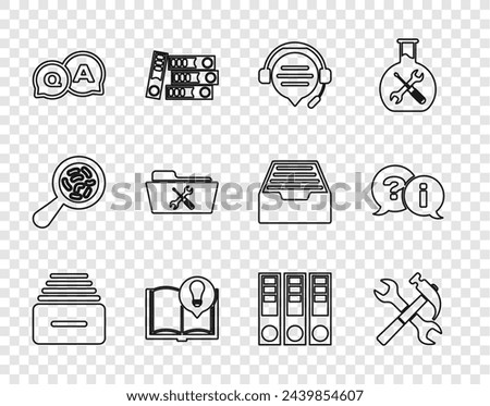 Set line Drawer with documents, Crossed hammer and wrench, Headphones speech bubble chat, Interesting facts, Question Answer, Folder service, Office folders and Exclamation icon. Vector