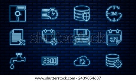 Set line Setting database server, Calendar, Database protection, with check mark, Delete file document, Floppy disk the 5.25-inch,  and Stopwatch icon. Vector