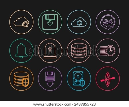 Set line Kayak and paddle, Stopwatch, Cloud sync refresh, Tombstone with cross, Ringing bell, Database and Floppy disk icon. Vector