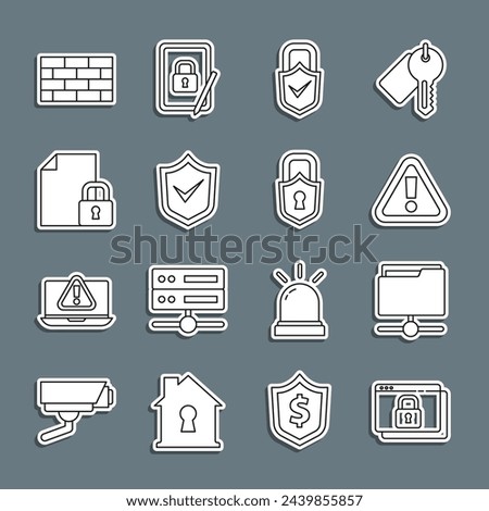 Set line Secure your site with HTTPS, SSL, FTP folder, Exclamation mark in triangle, Lock and check, Shield, Document lock, Firewall, security wall and  icon. Vector