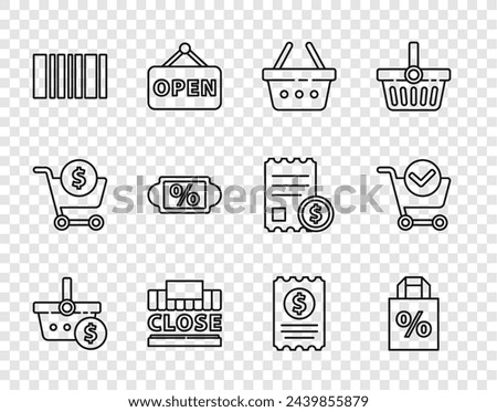 Set line Shopping basket and dollar, Shoping bag with percent discount, building text closed, Barcode, Discount tag, Paper check financial check and cart mark icon. Vector