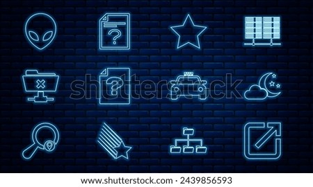 Set line Open in new window, Cloud with moon and stars, Star, Unknown document, FTP cancel operation, Alien, Taxi car and  icon. Vector