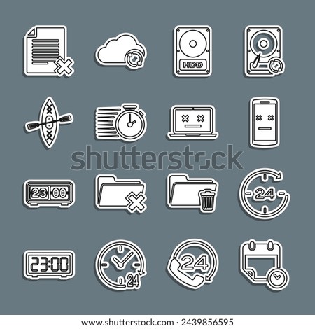 Set line Calendar and clock, Clock 24 hours, Dead mobile, Hard disk drive HDD, Stopwatch, Kayak paddle, Delete file document and laptop icon. Vector