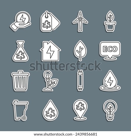 Set line Light bulb with leaf, Water energy, Label for eco healthy food, Wind turbine, House and lightning, Garbage bag recycle, Lightning bolt and Tree icon. Vector