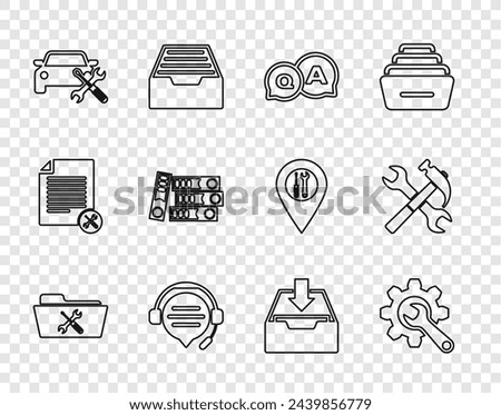 Set line Folder service, Wrench and gear, Question Answer, Headphones with speech bubble chat, Car, Office folders, Download inbox and Crossed hammer wrench icon. Vector