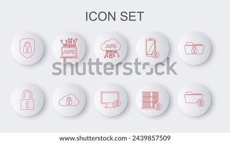 Set line Folder and lock, Open padlock, Cloud api interface, Server security with, Shield, Computer, computing and Lock on monitor icon. Vector