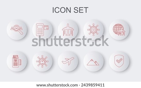 Set line Shield with check mark, POS terminal, Plane, Mountains, Magnifying glass for search people, Pos, Clock and gear and  icon. Vector
