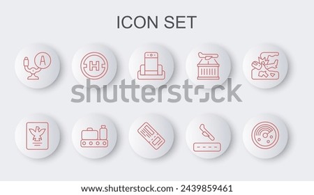 Set line Radar with targets on monitor, Passport, Metal detector in airport, Plane landing, Aircraft steering helm, Helicopter pad, Conveyor belt suitcase and Airline ticket icon. Vector