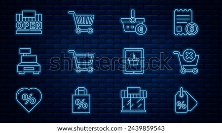 Set line Discount percent tag, Remove shopping cart, Shopping basket and euro, Cash register machine, building open, on tablet and  icon. Vector