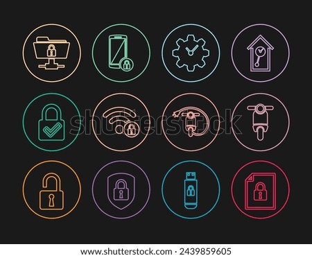 Set line Document and lock, Scooter, Time Management, Wifi locked, Lock check mark, FTP folder, Electric scooter and Smartphone with icon. Vector