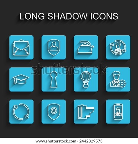 Set line Refresh, Shield and dollar, Mail e-mail, Camera film roll cartridge, Smartphone with contact, Keyhole, Profile settings and Hot air balloon icon. Vector
