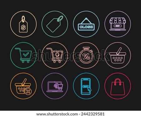 Set line Handbag, Shopping basket, Hanging sign with Close, Refresh shopping cart, check mark, Price tag dollar, Stopwatch percent and Label template price icon. Vector