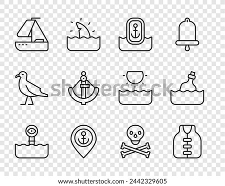 Set line Periscope, Life jacket, Location with anchor, Yacht sailboat, Anchor, Skull crossbones and Bottle message in water icon. Vector