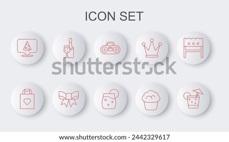 Set line Cocktail, Shopping bag with heart, Home stereo two speakers, Muffin, Slice of pizza, Champagne bottle, Gift bow and  icon. Vector