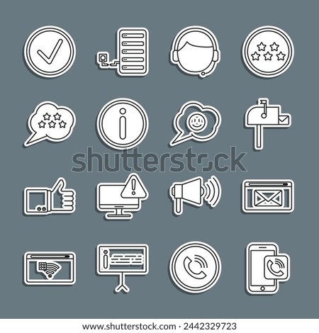 Set line Mobile phone call, Mail and e-mail, Open box, Man with headset, Information, Five stars rating review, Check mark circle and Speech bubble smile face icon. Vector