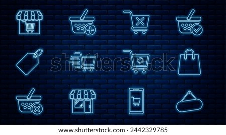 Set line Signboard hanging, Handbag, Remove shopping cart, Shopping, Label template price tag, Market store with, Refresh and Add basket icon. Vector