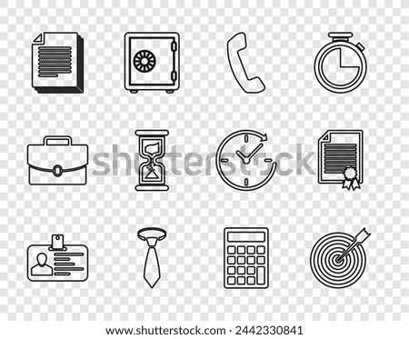 Set line Identification badge, Target with arrow, Telephone handset, Tie, Document, Old hourglass, Calculator and Certificate template icon. Vector