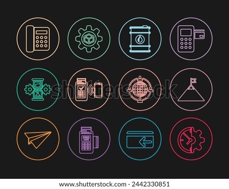 Set line Clock and gear, Mountains flag, Barrel oil, POS terminal, Hourglass, Telephone, Outsourcing concept and Product development icon. Vector