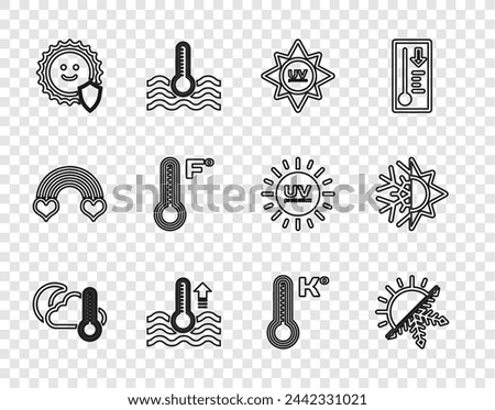 Set line Thermometer and cloud, moon, Sun snowflake, UV protection, Water thermometer, Meteorology,  and  icon. Vector