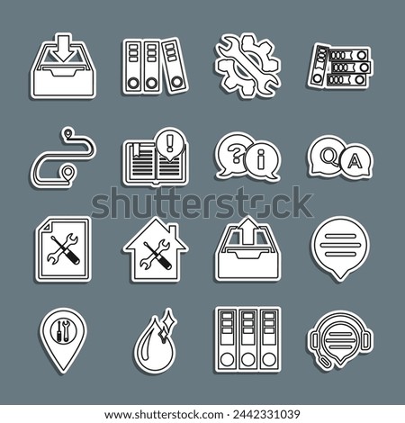 Set line Headphones with speech bubble chat, Speech, Question and Answer, Wrench gear, Interesting facts, Route location, Download inbox and Exclamation icon. Vector