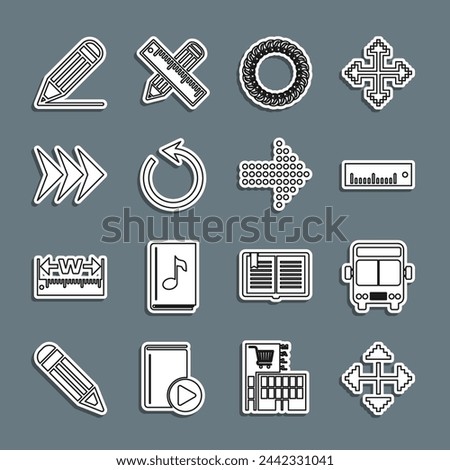 Set line Pixel arrows in four directions, Bus, Ruler, Laurel wreath, Refresh, Arrow, Pencil and line and Dots icon. Vector