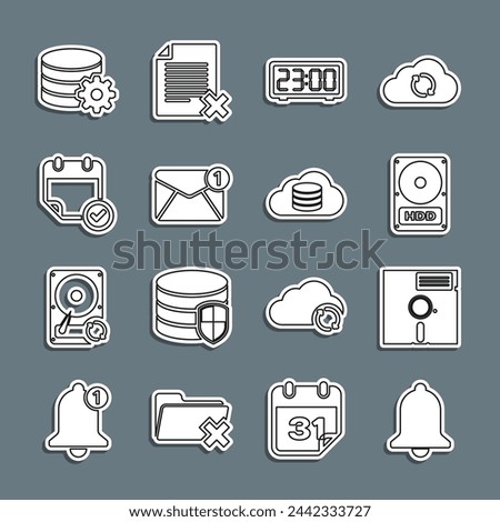 Set line Ringing bell, Floppy disk the 5.25-inch, Hard drive HDD, Digital alarm clock, New, email incoming message, Calendar with check mark, Setting database server and Cloud icon. Vector