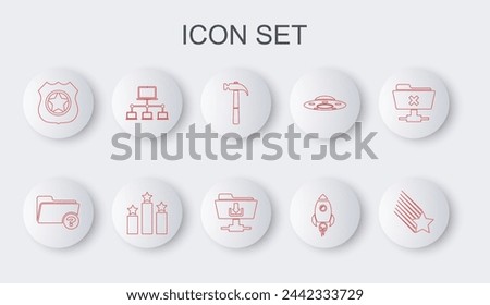 Set line Falling star, Unknown directory, Hammer, Rocket ship with fire, Police badge, Computer network, Ranking and FTP folder download icon. Vector