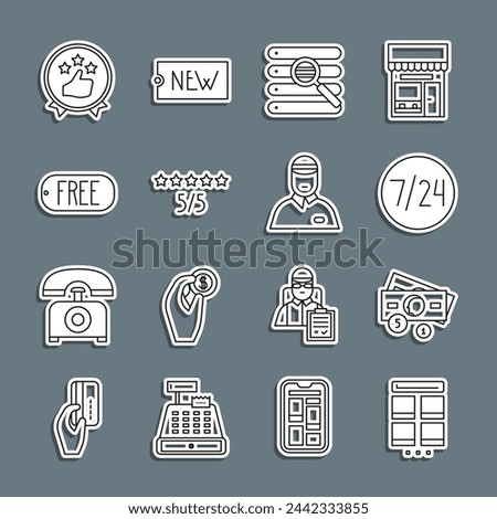 Set line Online shopping on mobile, Stacks paper money cash, Clock 24 hours, Search browser window, Consumer or customer product rating, Price tag with text Free,  and Seller icon. Vector