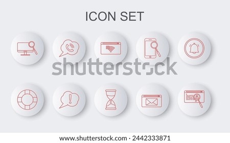 Set line System bug concept, Lifebuoy, No Internet connection, Mail and e-mail, Computer monitor diagnostics, Speech bubble with phone call, Exclamation and Hourglass icon. Vector