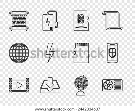 Set line Play Video, Air conditioner, Micro SD memory card, Download inbox, Paper scroll, Lightning bolt, Earth globe and Smartphone with shield icon. Vector
