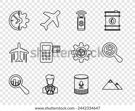 Set line Magnifying glass and analysis, Mountains, Contactless payment, Scientist test tube, Clock gear, Pos terminal, Voice assistant and dollar icon. Vector