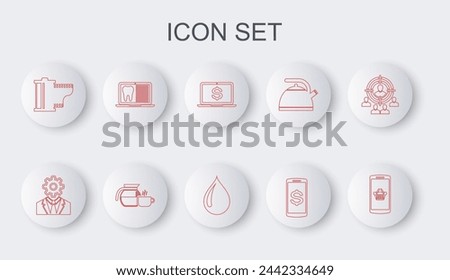 Set line Shopping basket on mobile, Head with gear inside, Laptop dollar, Smartphone, Camera film roll cartridge, dental card, Coffee pot cup and Water drop icon. Vector