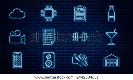 Set line Warehouse, Martini glass, Clipboard with resume, Document, Movie or Video camera, Cloud, Dumbbell and Processor CPU icon. Vector