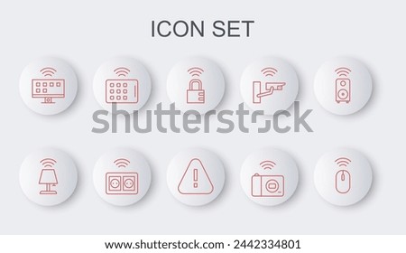 Set line Wireless mouse, Smart table lamp, safe combination lock, photo camera, Tv system, tablet, electrical outlet and Exclamation mark triangle icon. Vector