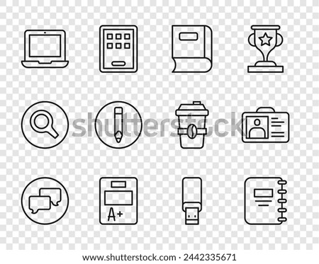 Set line Speech bubble chat, Notebook, Book, Exam sheet with A plus grade, Laptop, Pencil, USB flash drive and Identification badge icon. Vector