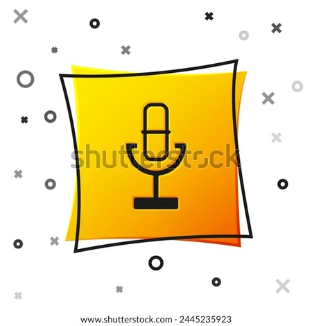 Black Microphone icon isolated on white background. On air radio mic microphone. Speaker sign. Yellow square button. Vector