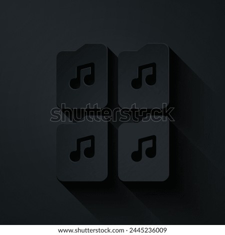 Paper cut Music file document icon isolated on black background. Waveform audio file format for digital audio riff files. Paper art style. Vector