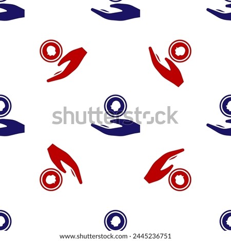 Blue and red Hand holding coin money icon isolated seamless pattern on white background. Dollar or USD symbol. Cash Banking currency sign.  Vector Illustration