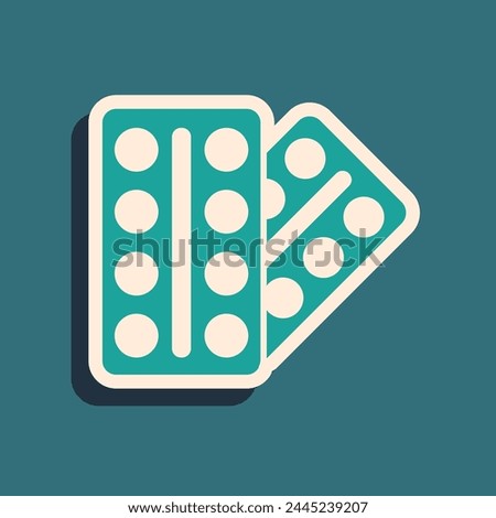 Green Pills in blister pack icon isolated on green background. Medical drug package for tablet, vitamin, antibiotic, aspirin. Long shadow style. Vector