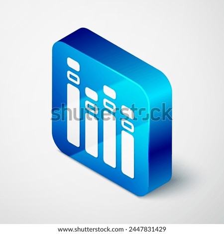 Isometric Music equalizer icon isolated on grey background. Sound wave. Audio digital equalizer technology, console panel, pulse musical. Blue square button. Vector