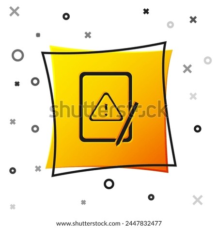 Black Graphic tablet with exclamation mark icon isolated on white background. Alert message smartphone notification. Yellow square button. Vector