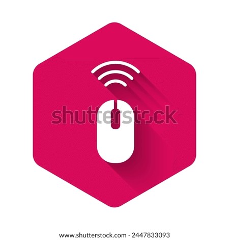 White Wireless computer mouse system icon isolated with long shadow. Internet of things concept with wireless connection. Pink hexagon button. Vector