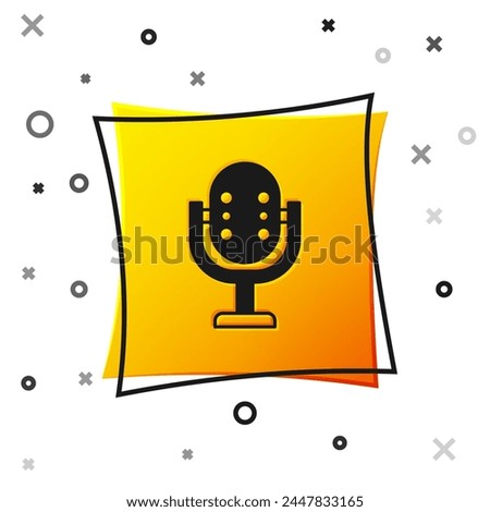 Black Microphone icon isolated on white background. On air radio mic microphone. Speaker sign. Yellow square button. Vector