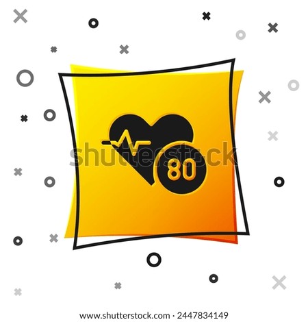 Black Heart rate icon isolated on white background. Heartbeat sign. Heart pulse icon. Cardiogram icon. Yellow square button. Vector