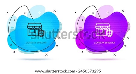 Line Shopping building with shield icon isolated on white background. Insurance concept. Security, safety, protection, protect concept. Abstract banner with liquid shapes. Vector